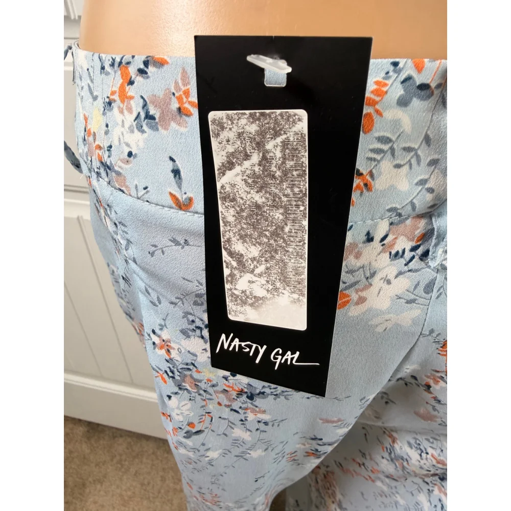 Women's Nasty Gal Size 8 Light Blue Floral Trousers Wide Leg Cottagecore Peasant